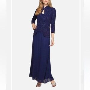 Alex Evenings Glitter Knit Jacquard Dress and Jacket Size 10 Electric Blue‎